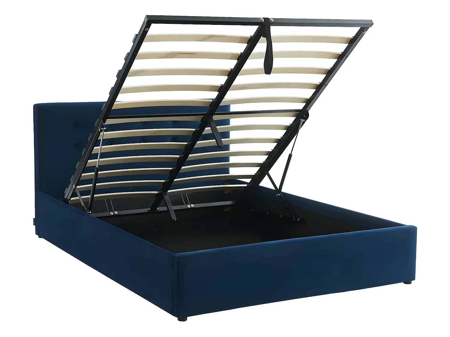 Lit coffre 140x190 en velours bleu foncé avec tête de lit et sommier à lattes - Tina