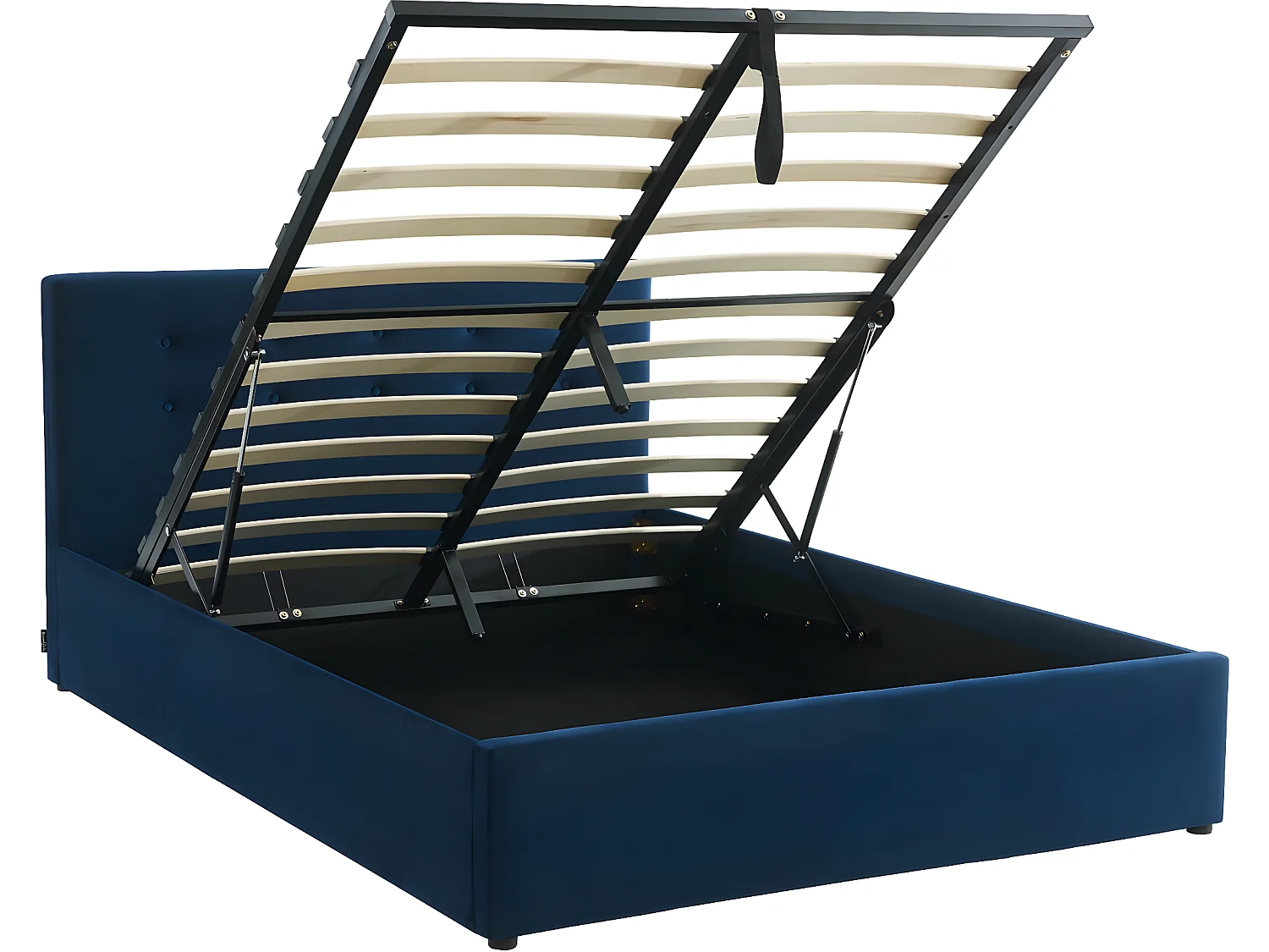 Lit coffre 140x190 en velours bleu foncé avec tête de lit et sommier à lattes - Tina
