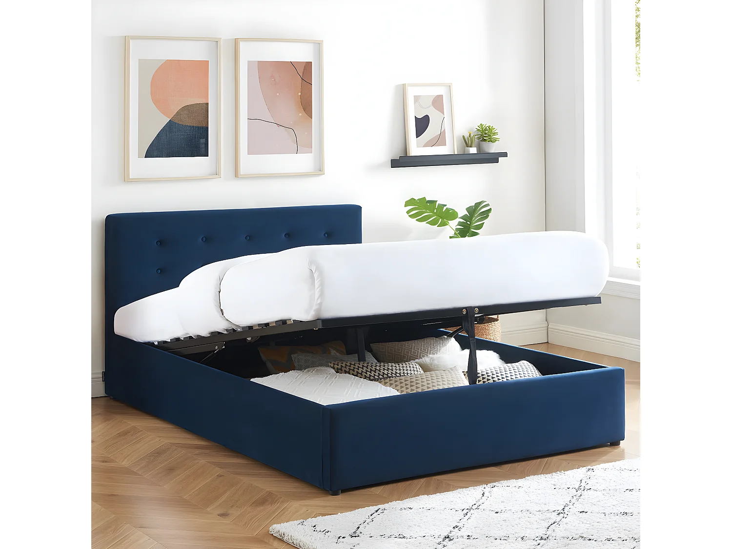 Lit coffre 140x190 en velours bleu foncé avec tête de lit et sommier à lattes - Tina