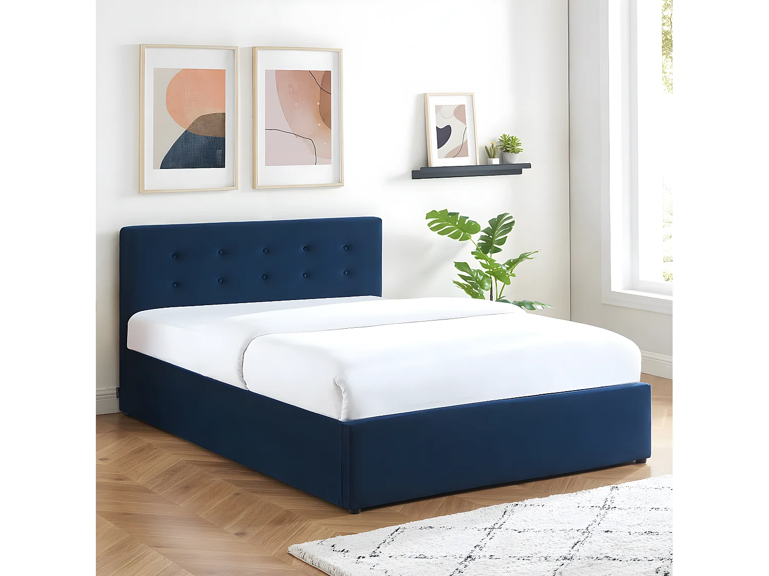 Lit coffre 140x190 en velours bleu foncé avec tête de lit et sommier à lattes - Tina