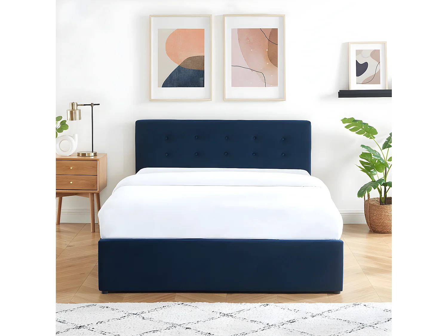 Lit coffre 140x190 en velours bleu foncé avec tête de lit et sommier à lattes - Tina