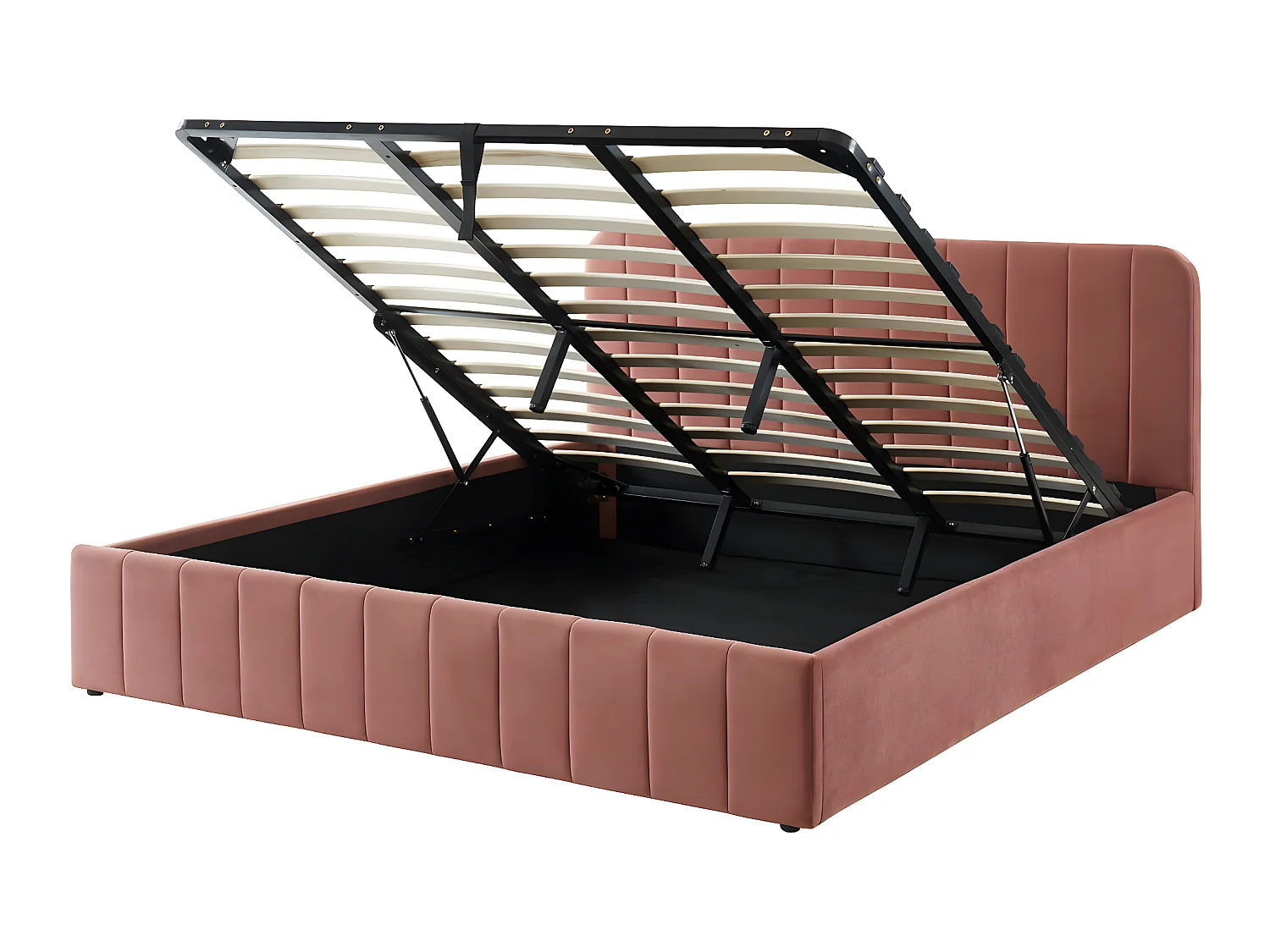 Lit coffre 180x200cm en velours rose blush avec tête de lit + sommier à lattes - Ava