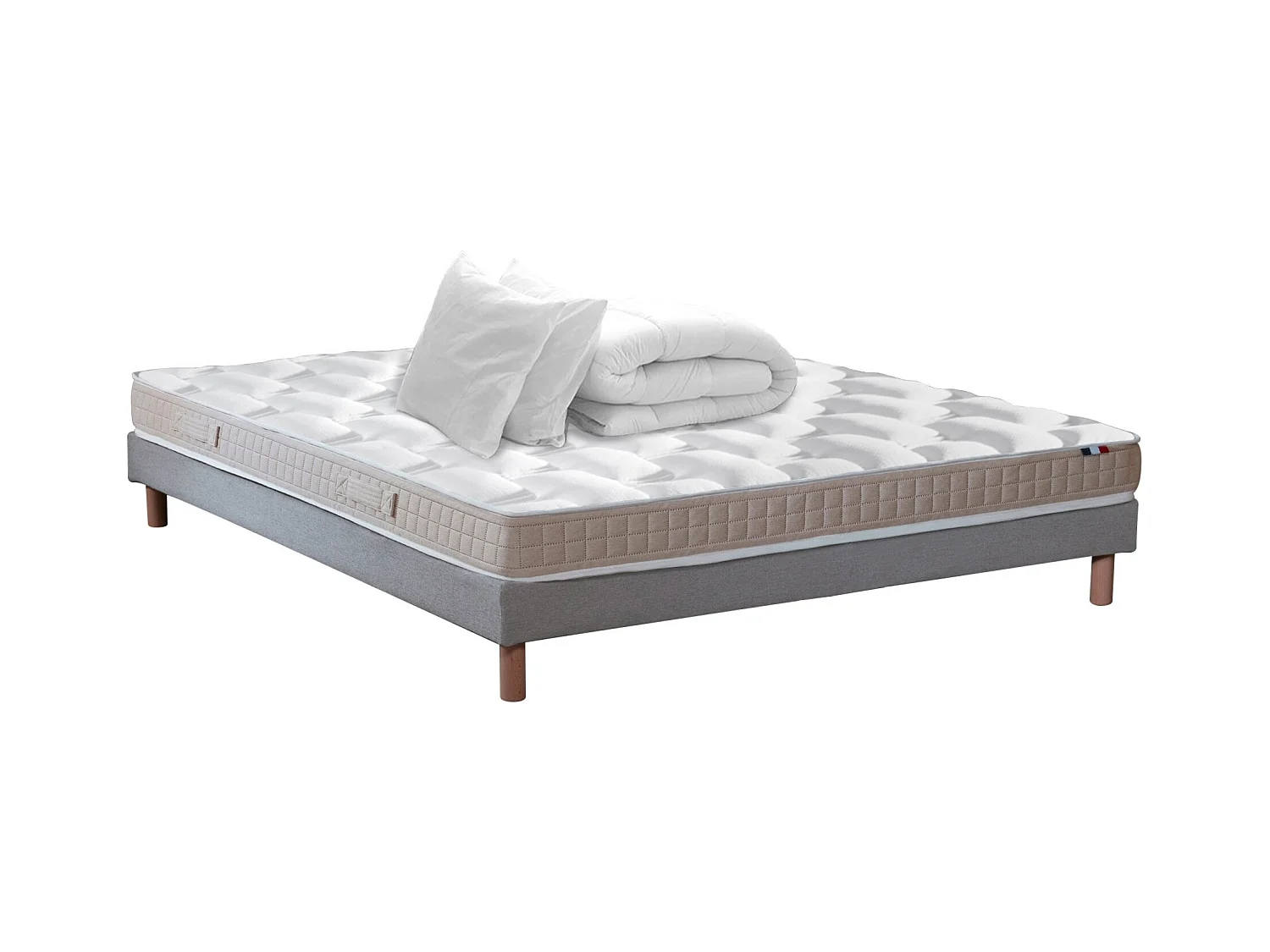 Ensemble matelas latex 5 zones, sommier, oreiller et couette ORIGINEL - confort français Dimensions - 140 x 190 cm, Sommier - Gris chiné