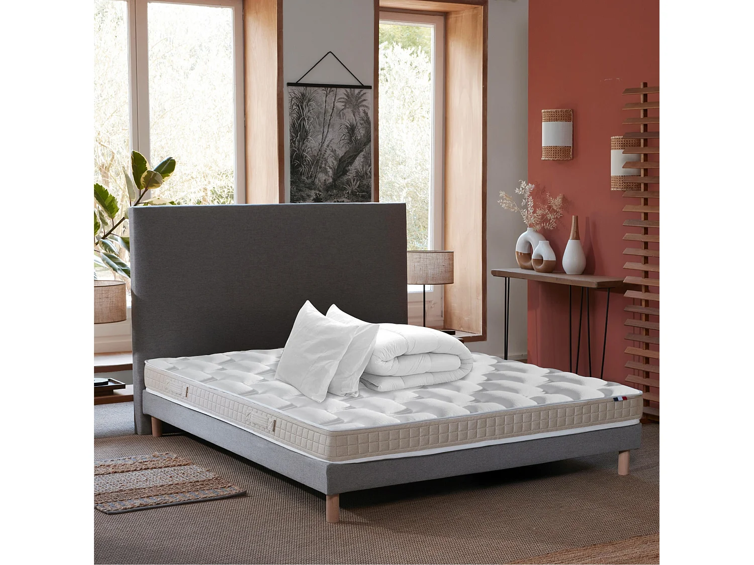 Ensemble matelas latex 5 zones, sommier, oreiller et couette ORIGINEL - confort français Dimensions - 140 x 190 cm, Sommier - Gris chiné