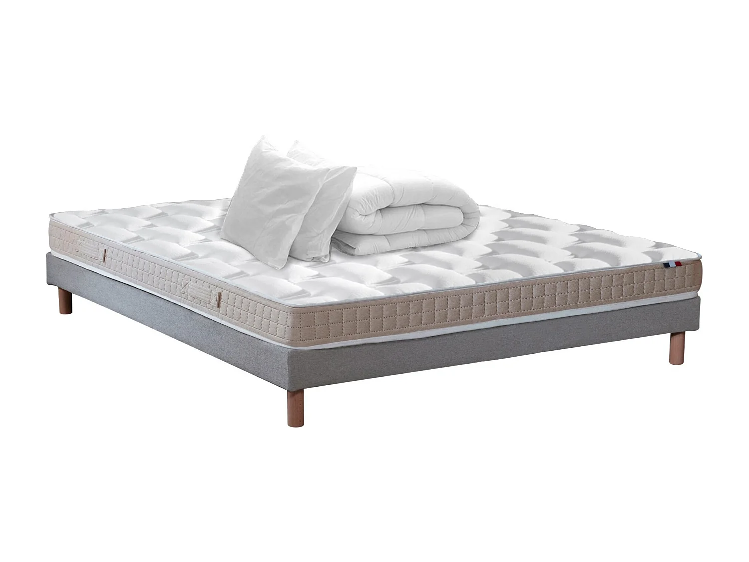 Ensemble matelas latex 5 zones, sommier, oreiller et couette ORIGINEL - confort français Dimensions - 140 x 190 cm, Sommier - Gris chiné