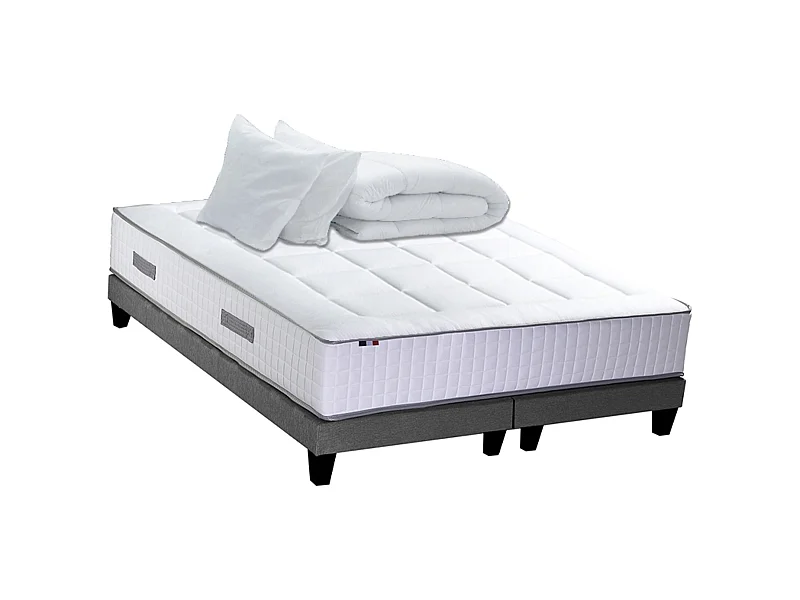 Ensemble matelas Ressort 7 zones + sommier + oreiller + couette - FABRICATION FRANCAISE Dimensions - 2x80 x 200 cm