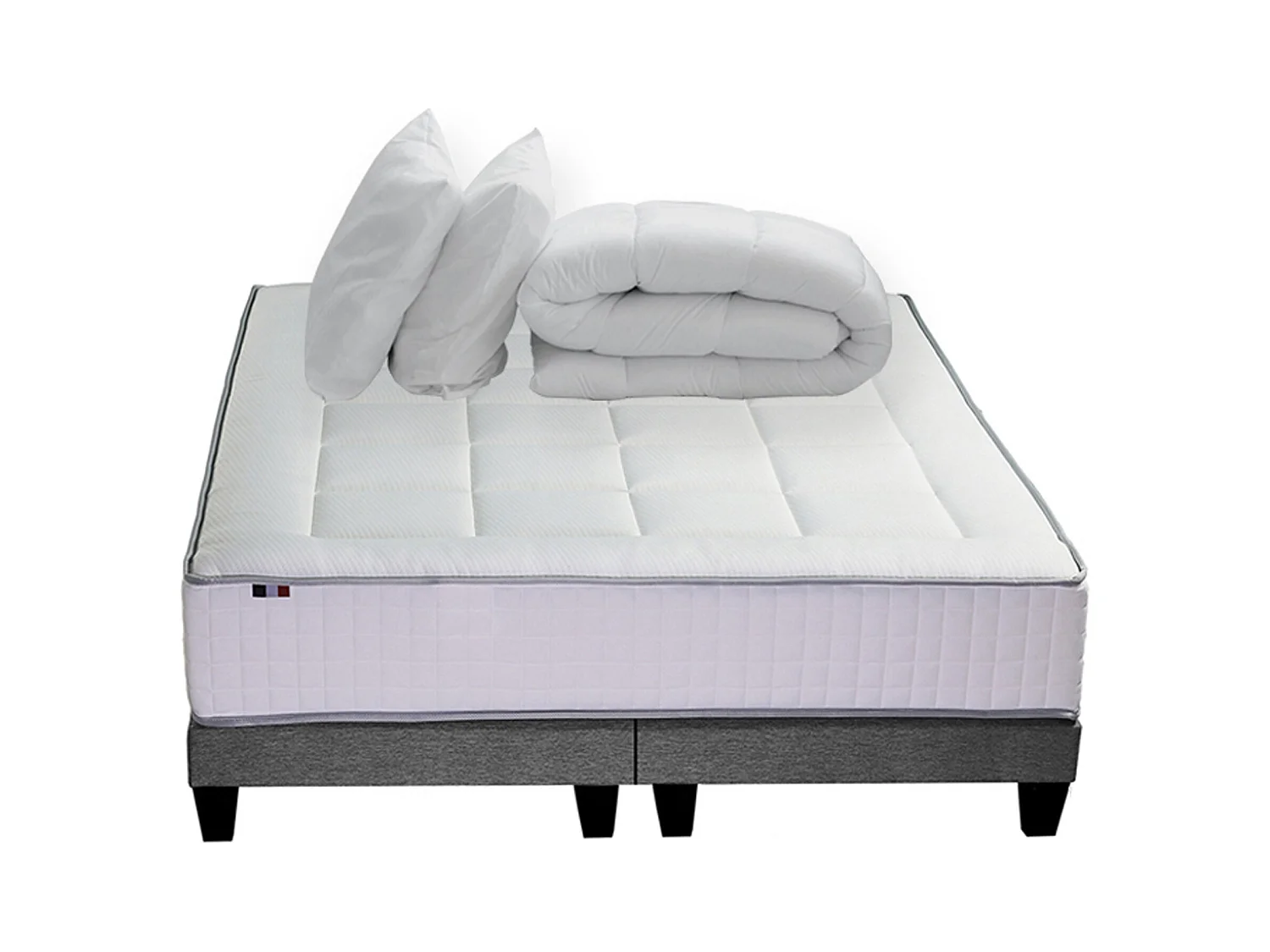 Ensemble matelas Ressort 7 zones + sommier + oreiller + couette - FABRICATION FRANCAISE Dimensions - 2x80 x 200 cm
