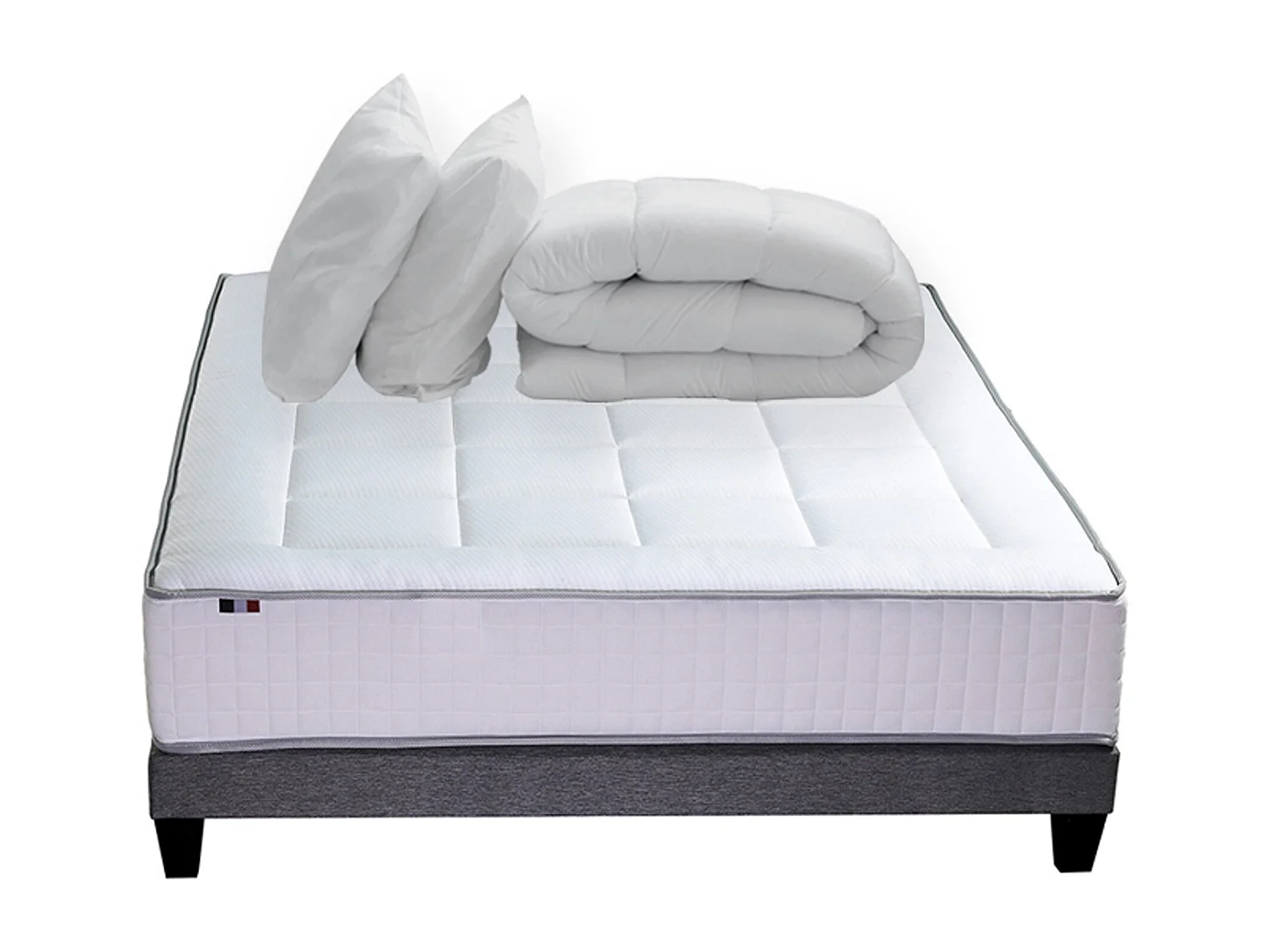 Ensemble matelas Ressort 7 zones + sommier + oreiller + couette - FABRICATION FRANCAISE Dimensions - 140 x 190 cm