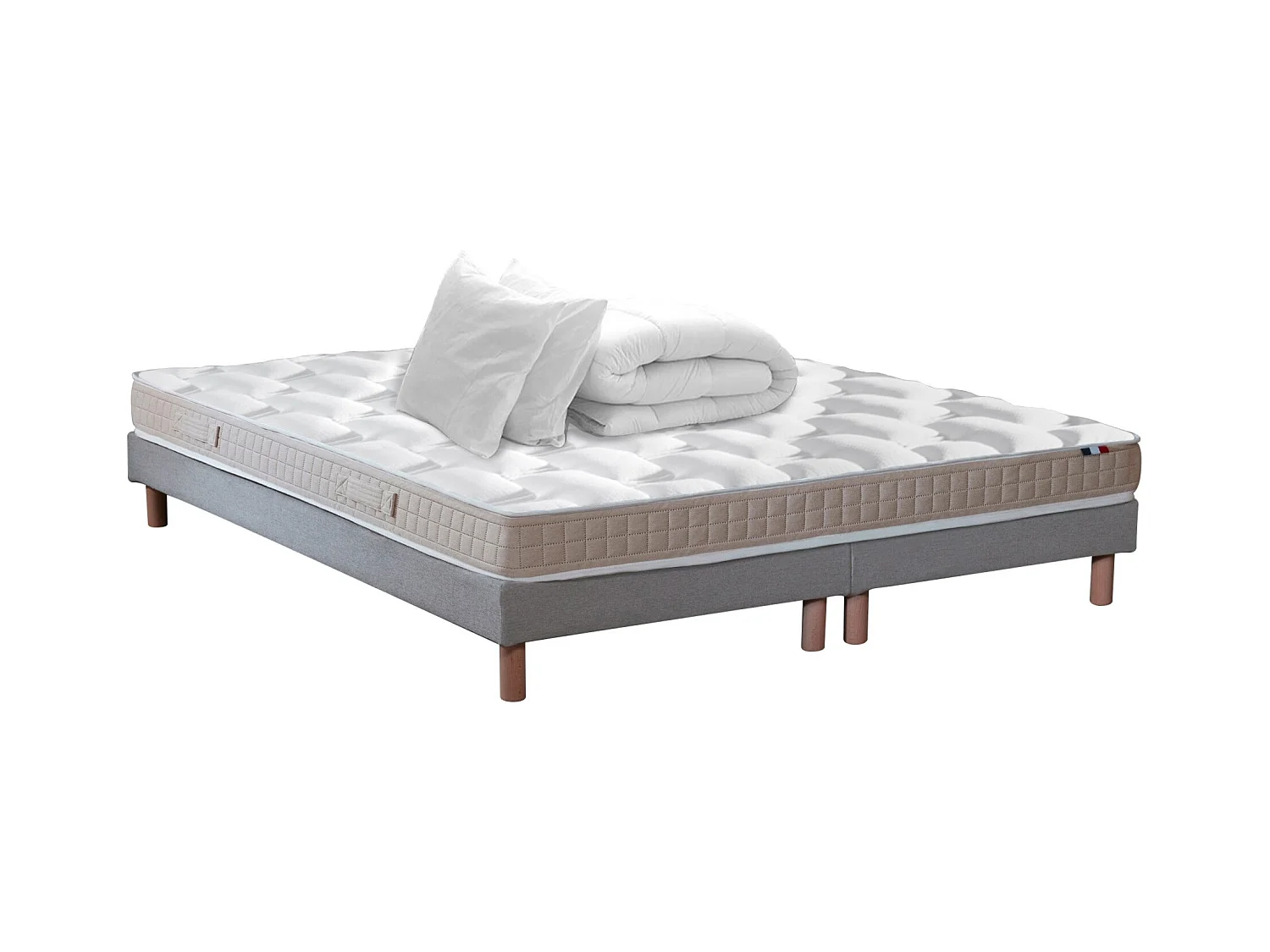 Ensemble matelas latex 5 zones, sommier, oreiller et couette ORIGINEL - confort français Dimensions - 2x80 x 200 cm, Sommier - Gris chiné