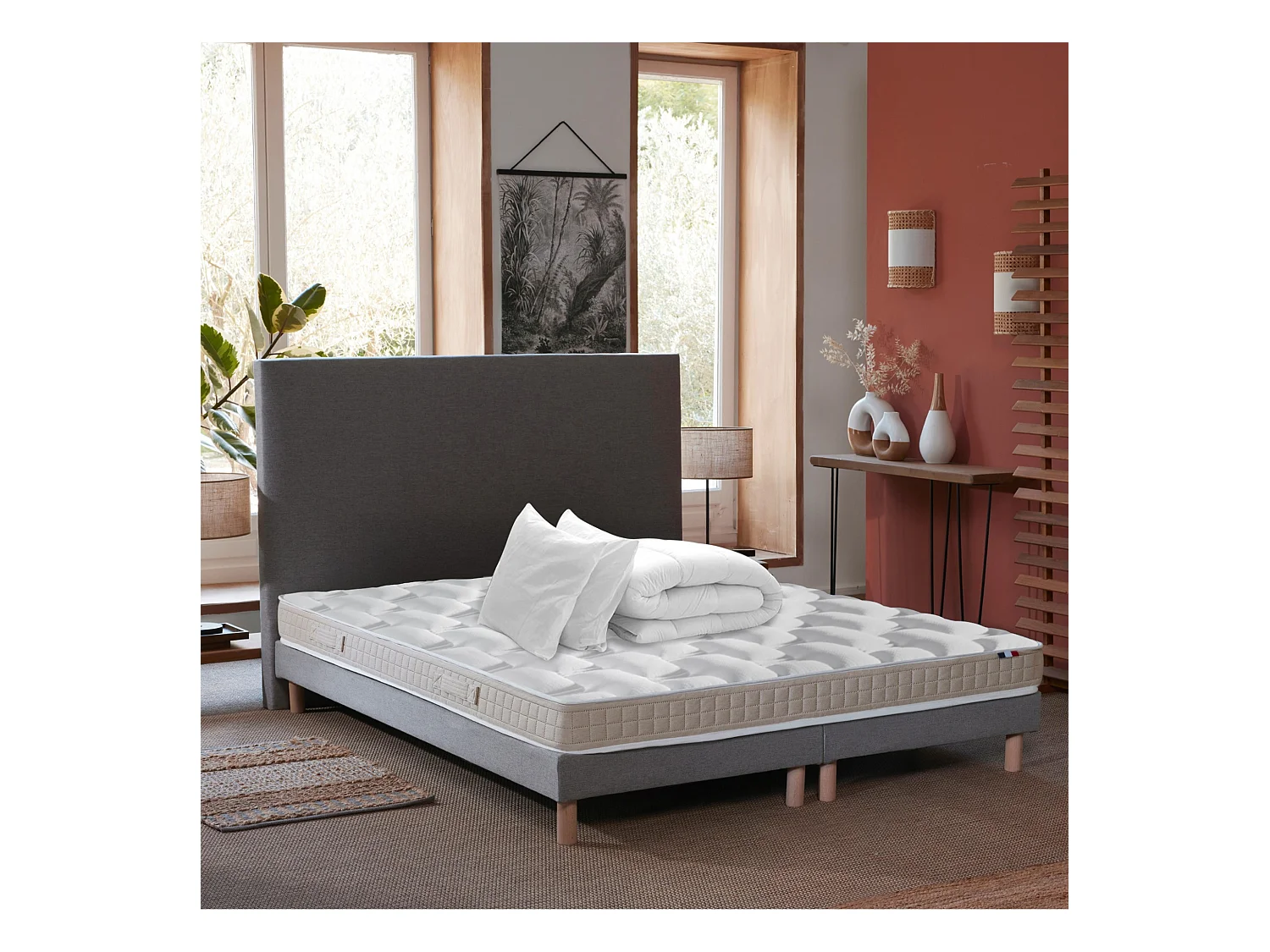 Ensemble matelas latex 5 zones, sommier, oreiller et couette ORIGINEL - confort français Dimensions - 2x80 x 200 cm, Sommier - Gris chiné