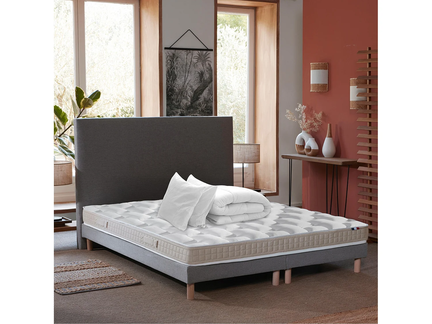 Ensemble matelas latex 5 zones, sommier, oreiller et couette ORIGINEL - confort français Dimensions - 2x80 x 200 cm, Sommier - Gris chiné