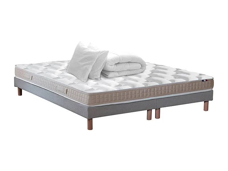 Ensemble matelas latex 5 zones, sommier, oreiller et couette ORIGINEL - confort français Dimensions - 2x80 x 200 cm, Sommier - Gris chiné
