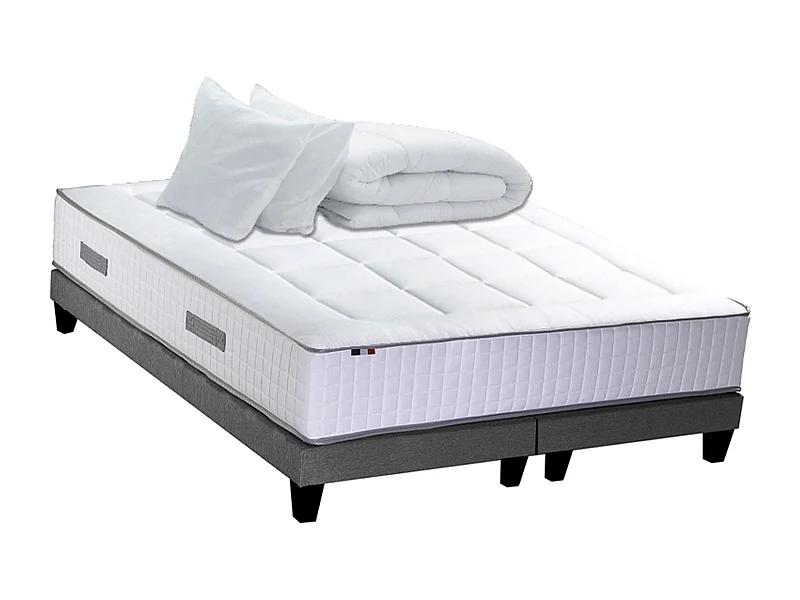 Ensemble matelas Ressort 7 zones + sommier + oreiller + couette - FABRICATION FRANCAISE Dimensions - 2x90 x 200 cm
