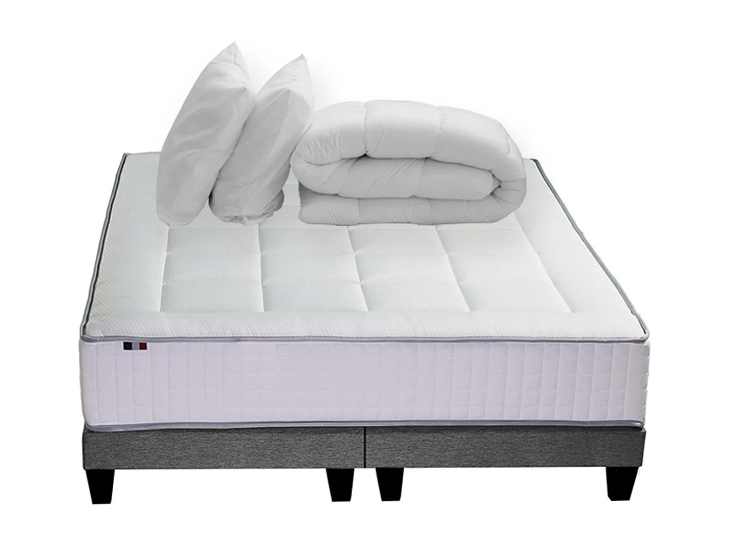 Ensemble matelas Ressort 7 zones + sommier + oreiller + couette - FABRICATION FRANCAISE Dimensions - 2x90 x 200 cm