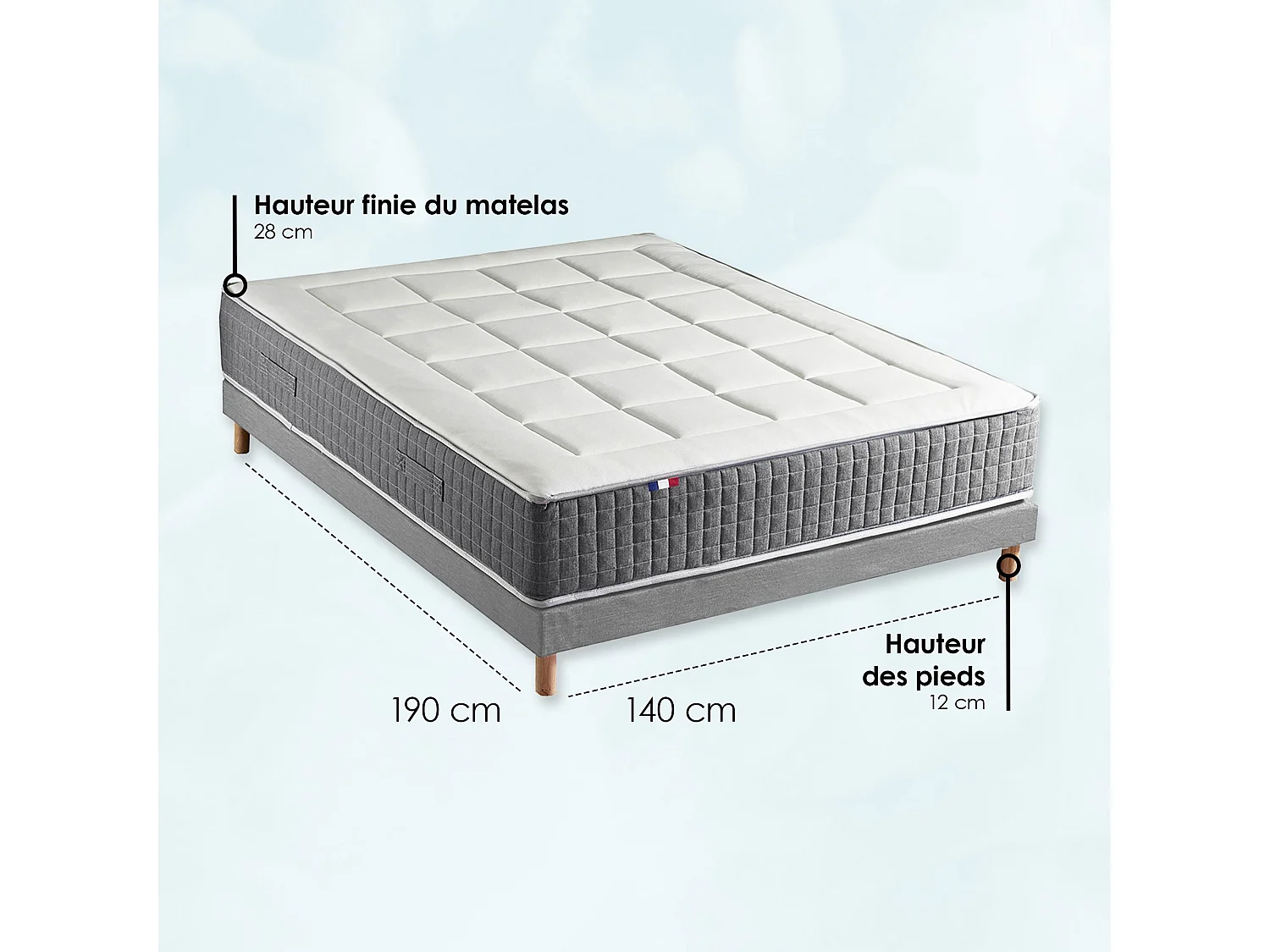 Ensemble Matelas Ressort 7 zones H.28cm + Sommier Fabriqué en France MAX Dimensions - 140 x 190 cm