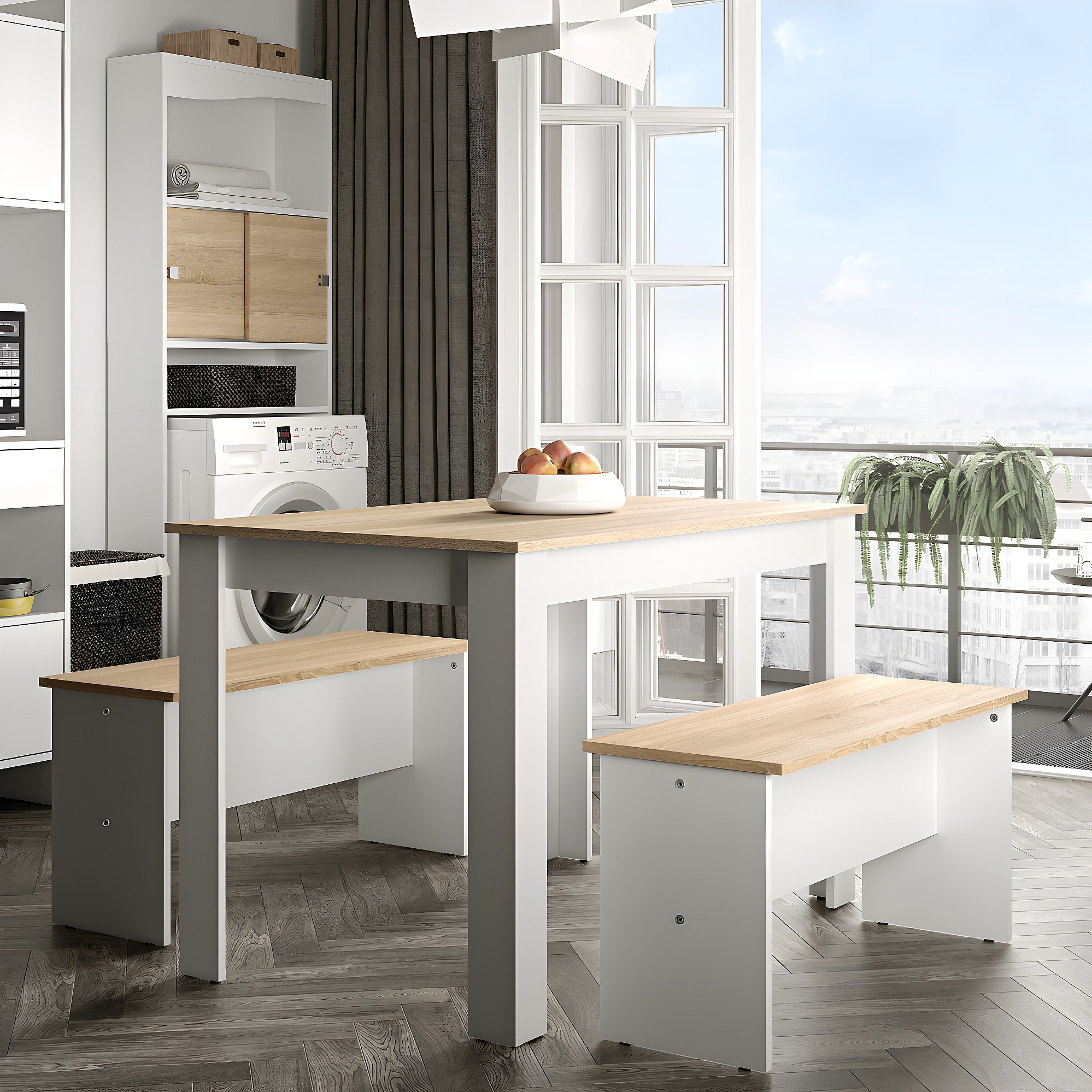 Meuble TV D'angle Blanc Et Chêne Naturel - Dimensions 90x90x45 Cm Avec Rangements Ouverts Et Fermés
