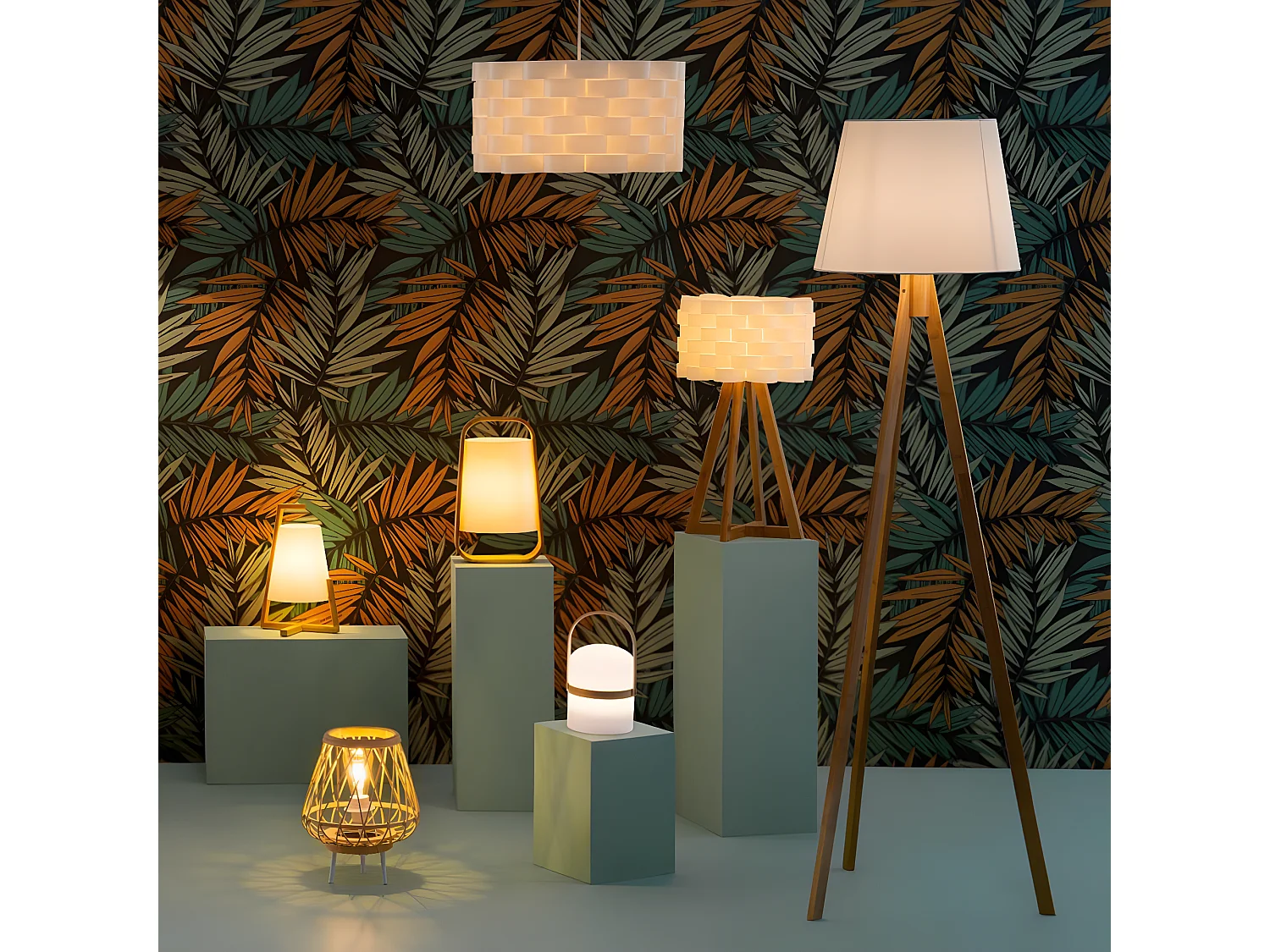 Lampe à poser, lampadaire en Polypropylène coloris blanc, pieds en bambou beige