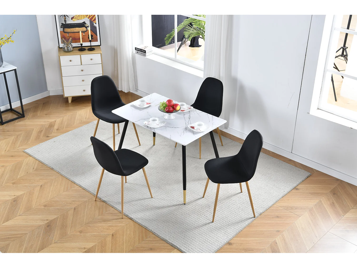 Table à Manger Rectangulaire,Style Scandinave,Plateaux en MDF Imitation Marbre,Pieds en Métal,Noir/Doré,2-4 Personnes