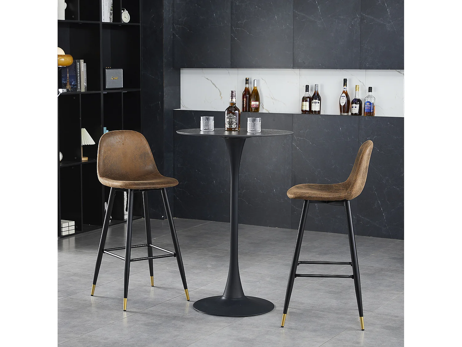 Lot de 2 Chaises de Bar Hautes - Siège en Tissu en Daim Marron, Pieds en Métal Noir et Doré