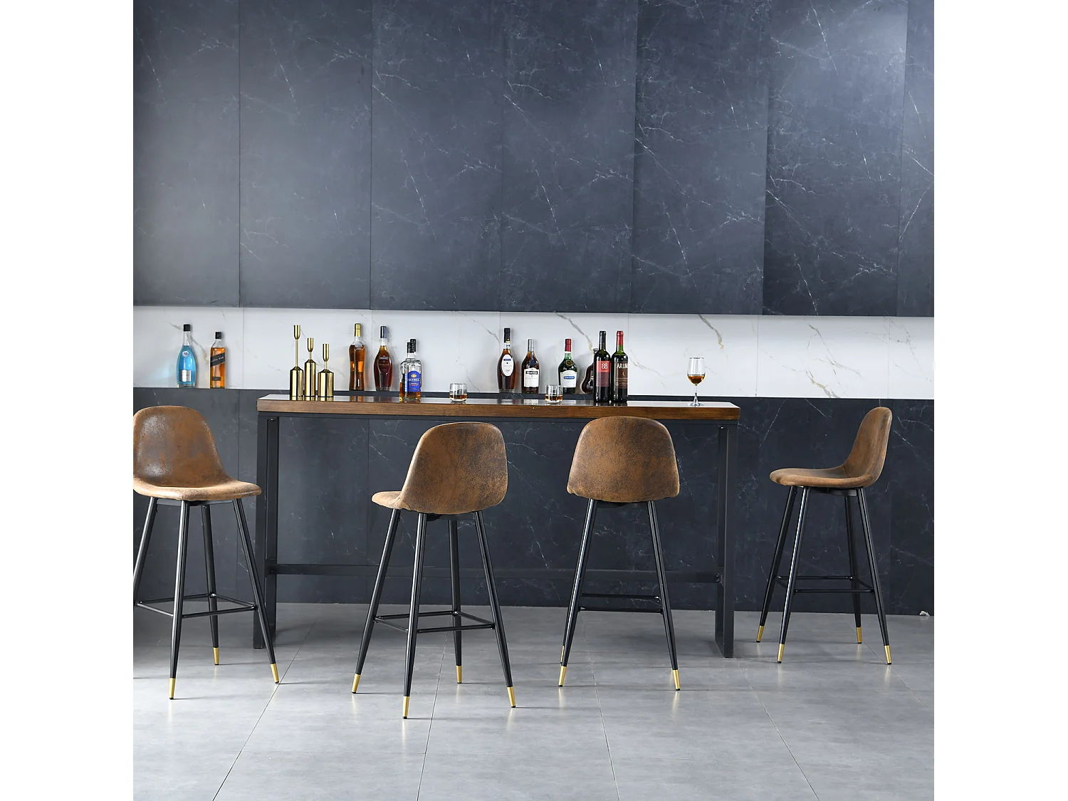 Lot de 2 Chaises de Bar Hautes - Siège en Tissu en Daim Marron, Pieds en Métal Noir et Doré