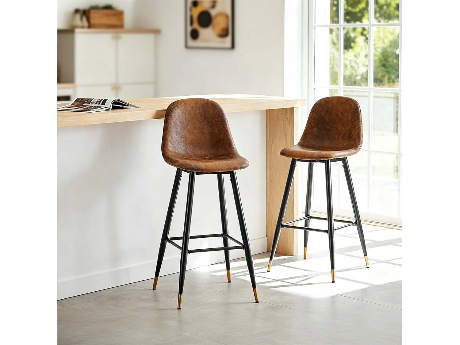 Lot de 2 Chaises de Bar Hautes - Siège en Tissu en Daim Marron, Pieds en Métal Noir et Doré