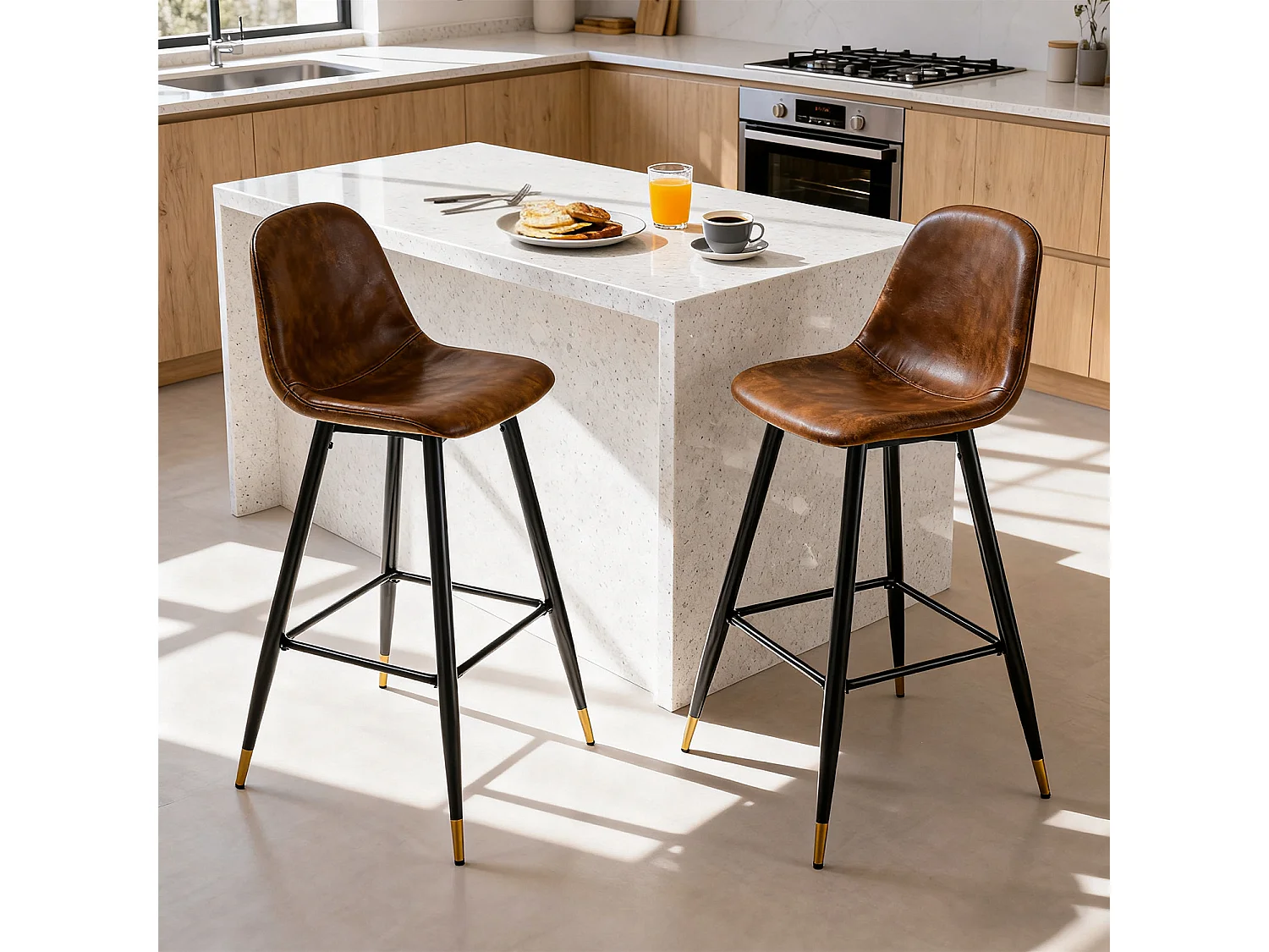 Lot de 2 Chaises de Bar Hautes - Siège en Tissu en Daim Marron, Pieds en Métal Noir et Doré