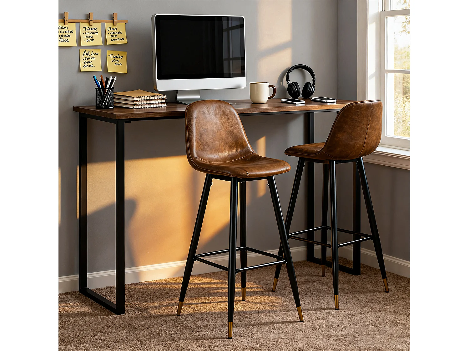 Lot de 2 Chaises de Bar Hautes - Siège en Tissu en Daim Marron, Pieds en Métal Noir et Doré