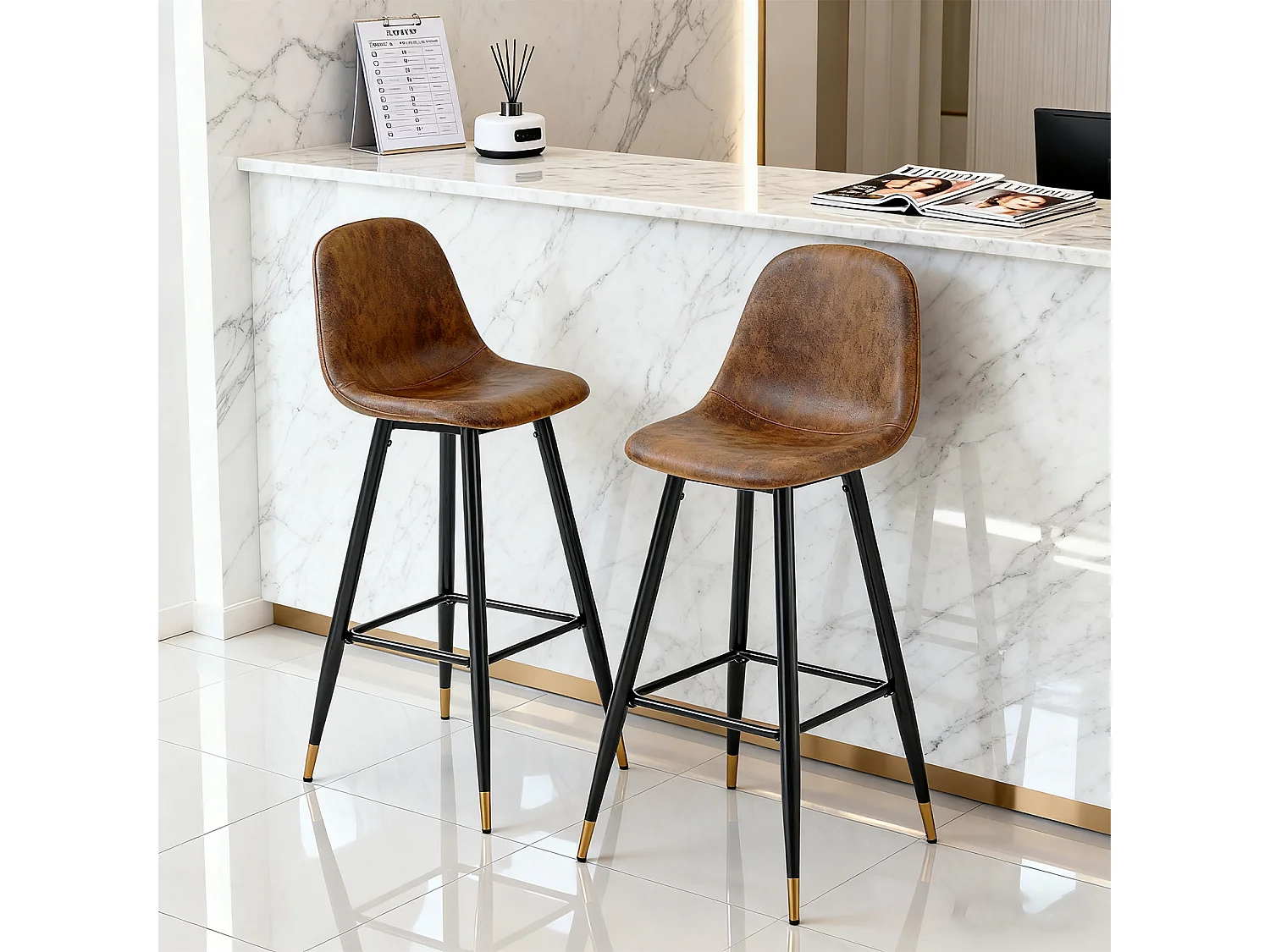 Lot de 2 Chaises de Bar Hautes - Siège en Tissu en Daim Marron, Pieds en Métal Noir et Doré