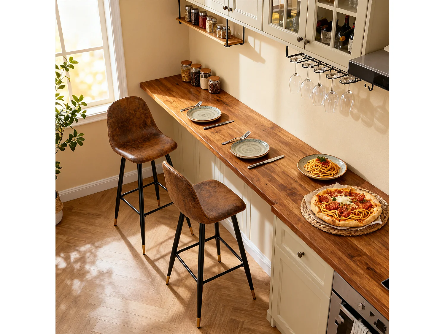 Lot de 2 Chaises de Bar Hautes - Siège en Tissu en Daim Marron, Pieds en Métal Noir et Doré