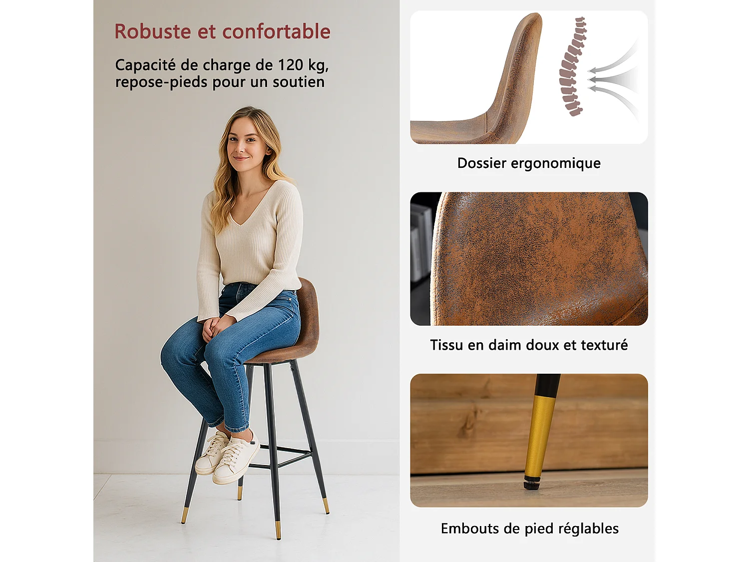Lot de 2 Chaises de Bar Hautes - Siège en Tissu en Daim Marron, Pieds en Métal Noir et Doré