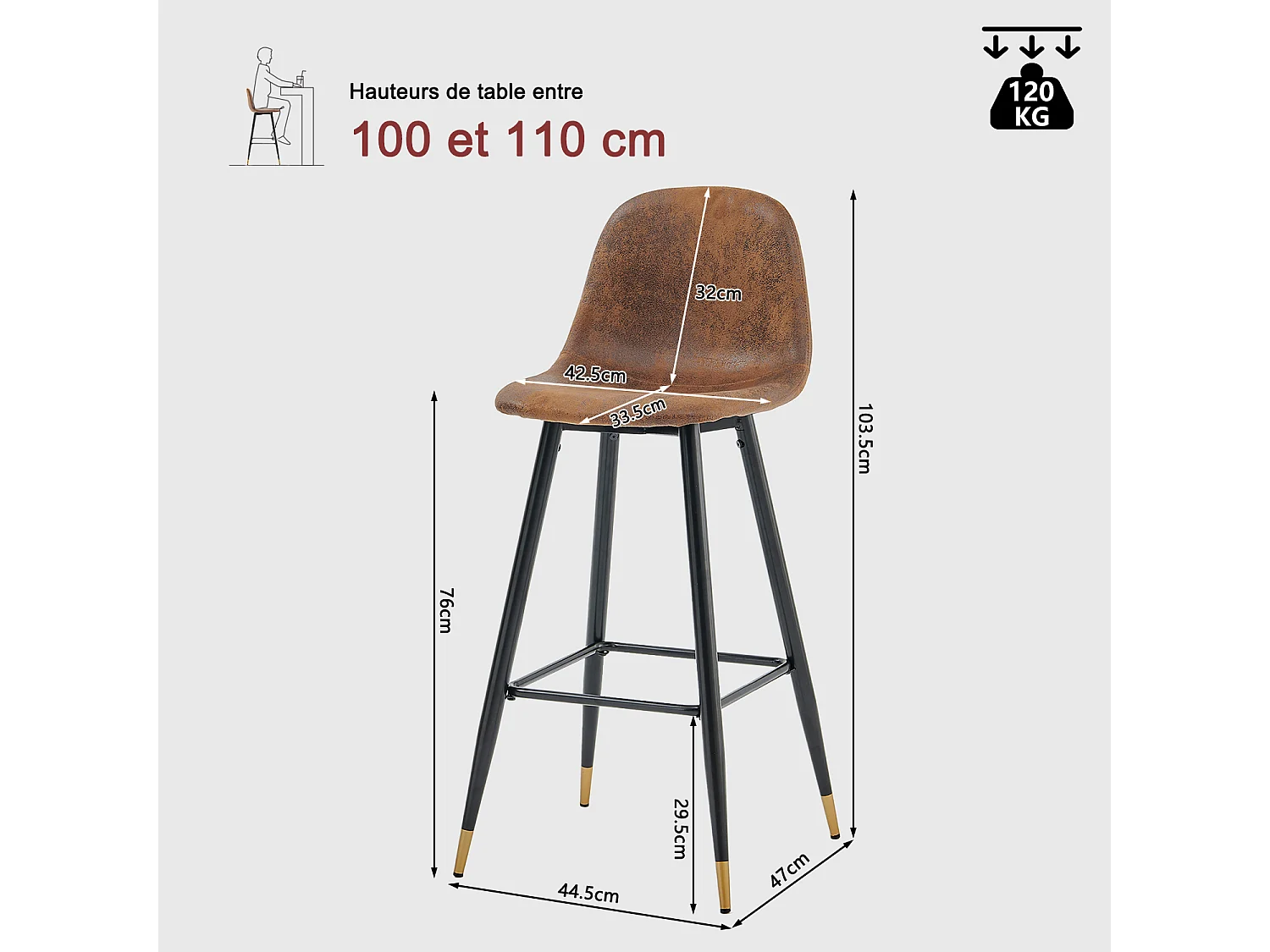 Lot de 2 Chaises de Bar Hautes - Siège en Tissu en Daim Marron, Pieds en Métal Noir et Doré