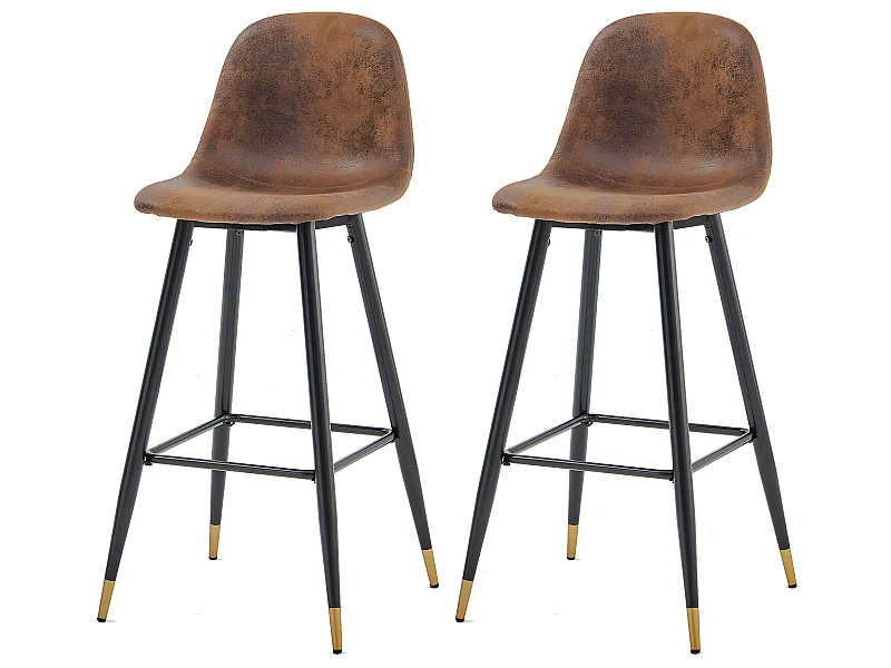 Lot de 2 Chaises de Bar Hautes - Siège en Tissu en Daim Marron, Pieds en Métal Noir et Doré
