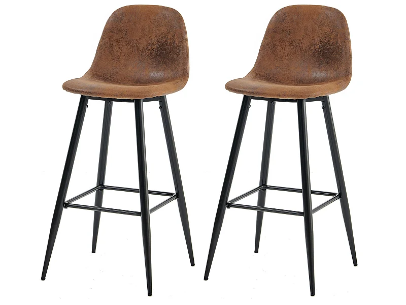 Lot de 2 Chaises de Bar Hautes - Siège en Tissu en Daim Marron, Pieds en Métal Noir - Style Vintage
