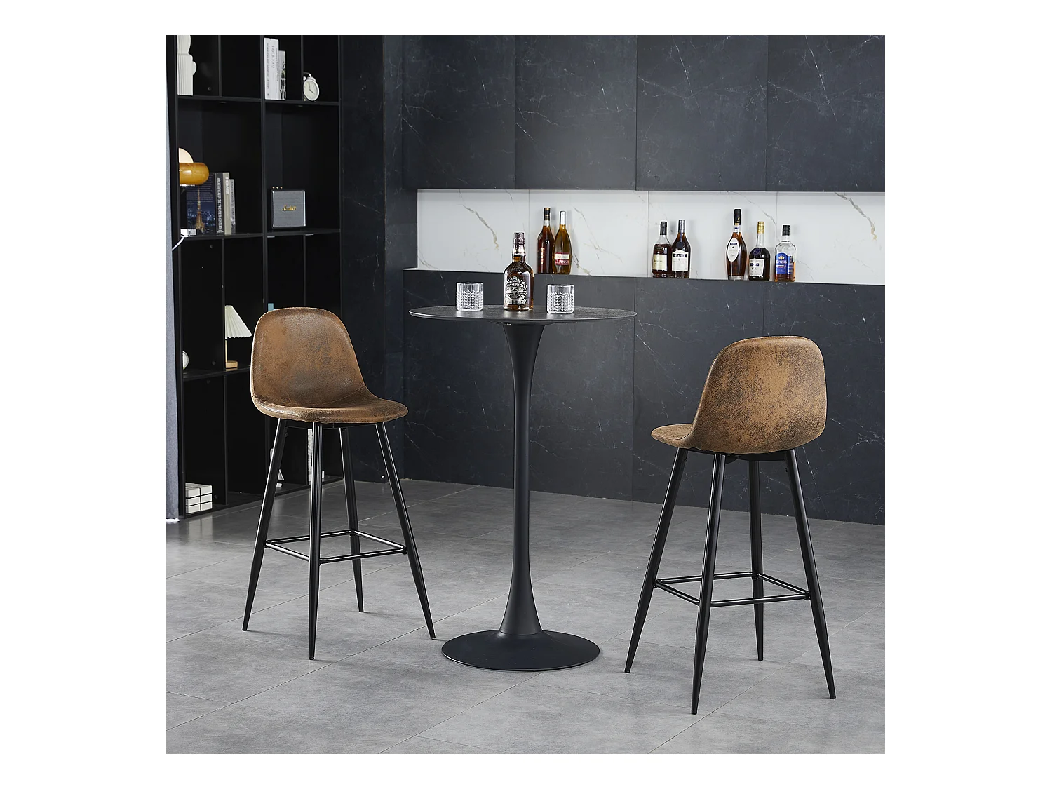 Lot de 2 Chaises de Bar Hautes - Siège en Tissu en Daim Marron, Pieds en Métal Noir - Style Vintage