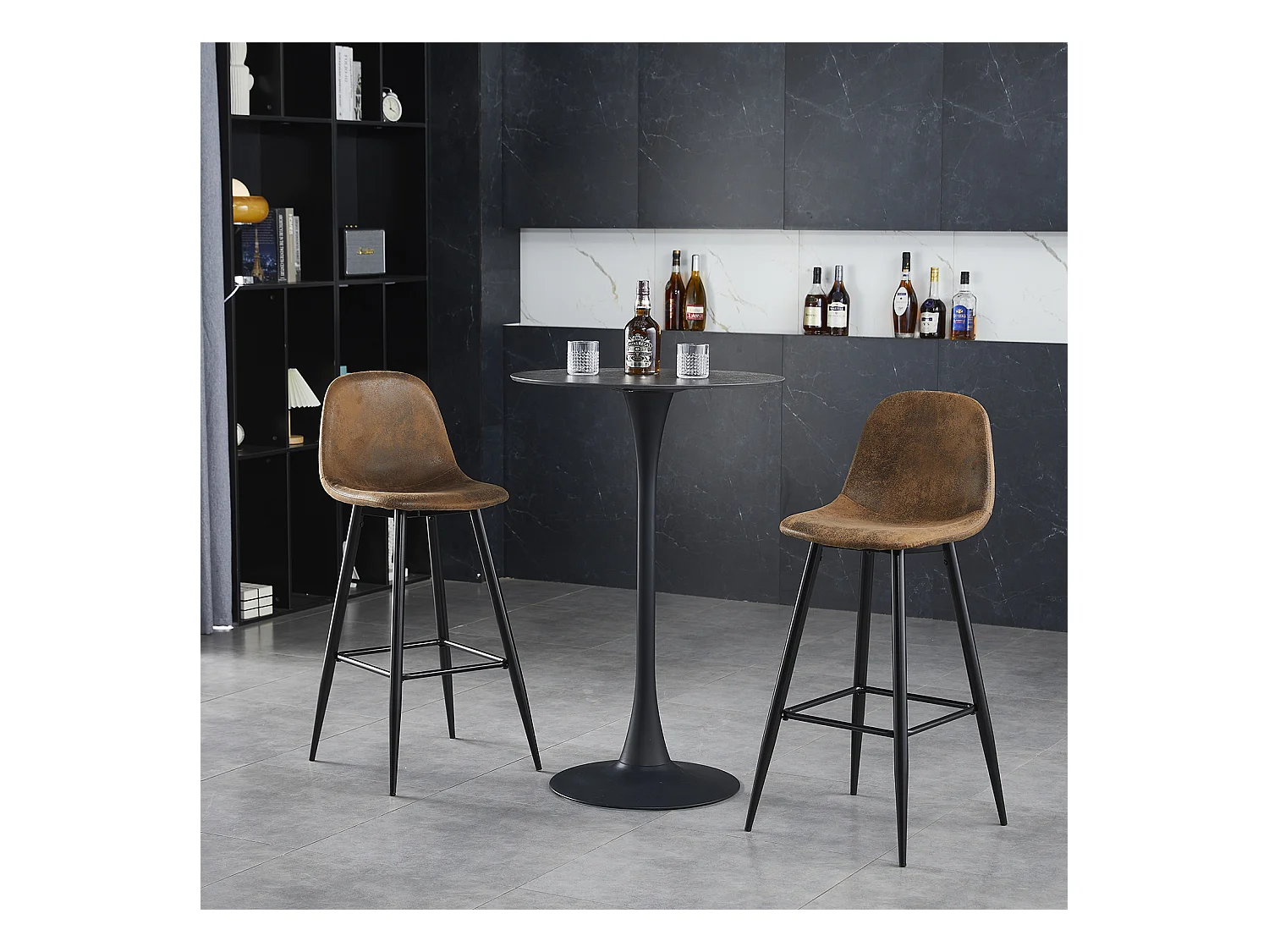 Lot de 2 Chaises de Bar Hautes - Siège en Tissu en Daim Marron, Pieds en Métal Noir - Style Vintage