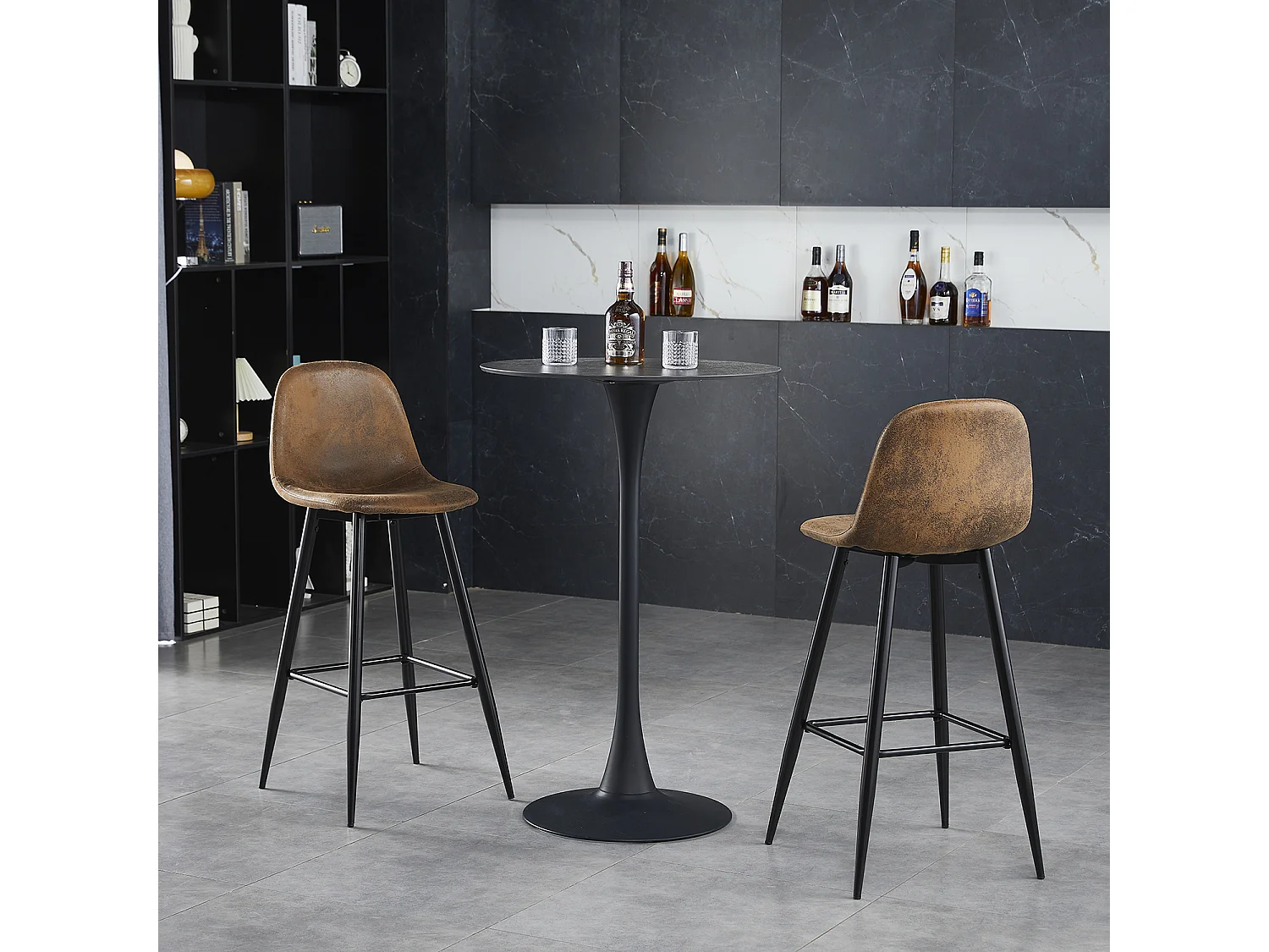 Lot de 2 Chaises de Bar Hautes - Siège en Tissu en Daim Marron, Pieds en Métal Noir - Style Vintage