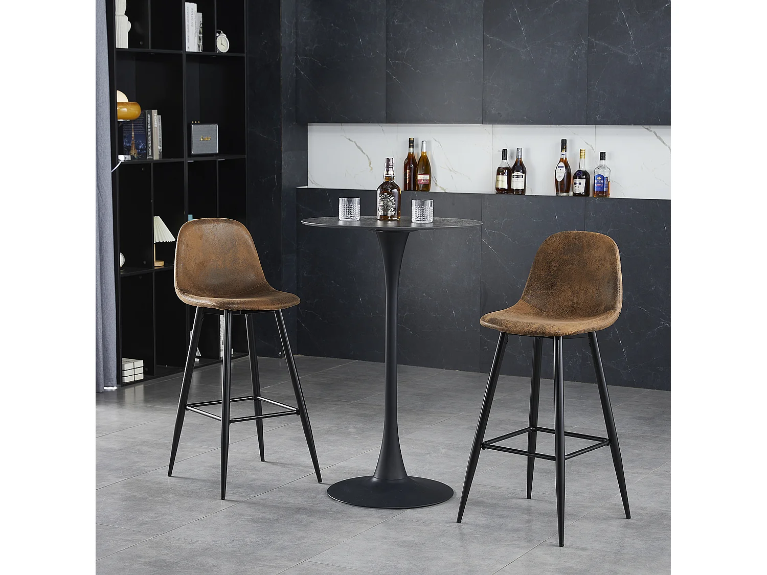 Lot de 2 Chaises de Bar Hautes - Siège en Tissu en Daim Marron, Pieds en Métal Noir - Style Vintage