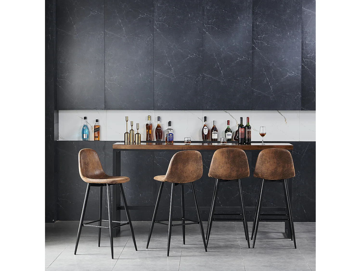 Lot de 2 Chaises de Bar Hautes - Siège en Tissu en Daim Marron, Pieds en Métal Noir - Style Vintage