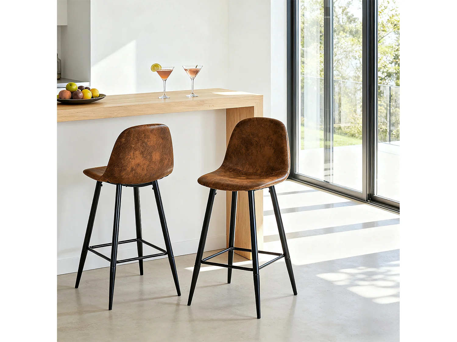 Lot de 2 Chaises de Bar Hautes - Siège en Tissu en Daim Marron, Pieds en Métal Noir - Style Vintage