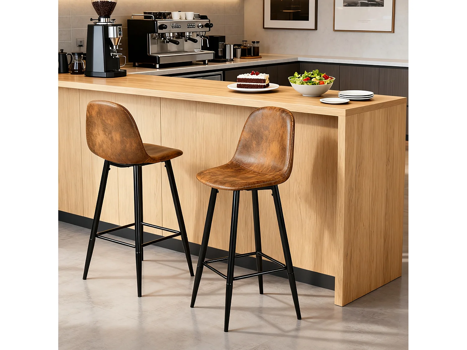 Lot de 2 Chaises de Bar Hautes - Siège en Tissu en Daim Marron, Pieds en Métal Noir - Style Vintage