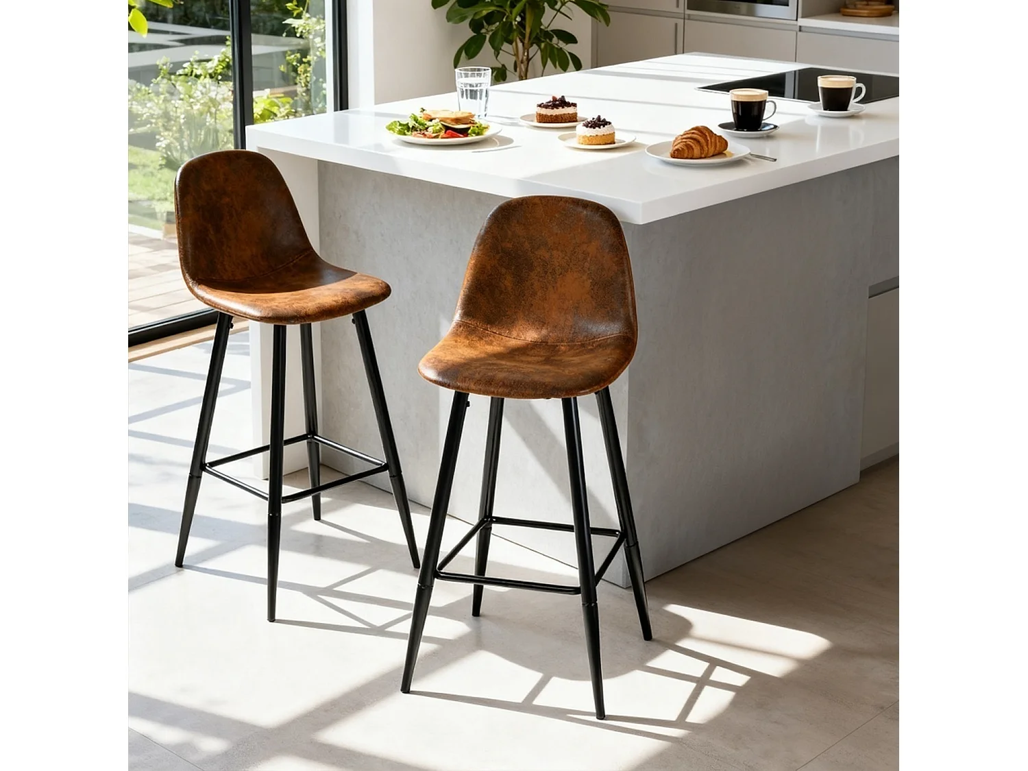 Lot de 2 Chaises de Bar Hautes - Siège en Tissu en Daim Marron, Pieds en Métal Noir - Style Vintage