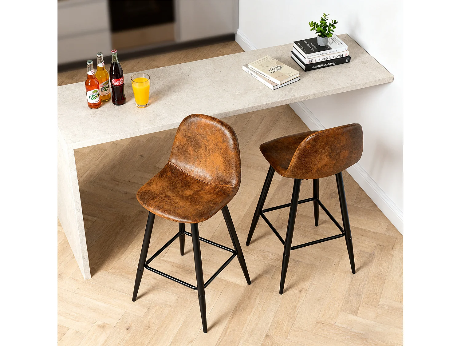 Lot de 2 Chaises de Bar Hautes - Siège en Tissu en Daim Marron, Pieds en Métal Noir - Style Vintage