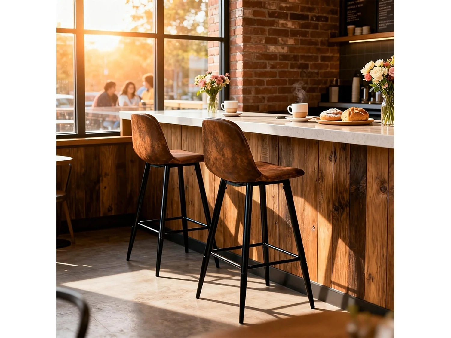 Lot de 2 Chaises de Bar Hautes - Siège en Tissu en Daim Marron, Pieds en Métal Noir - Style Vintage