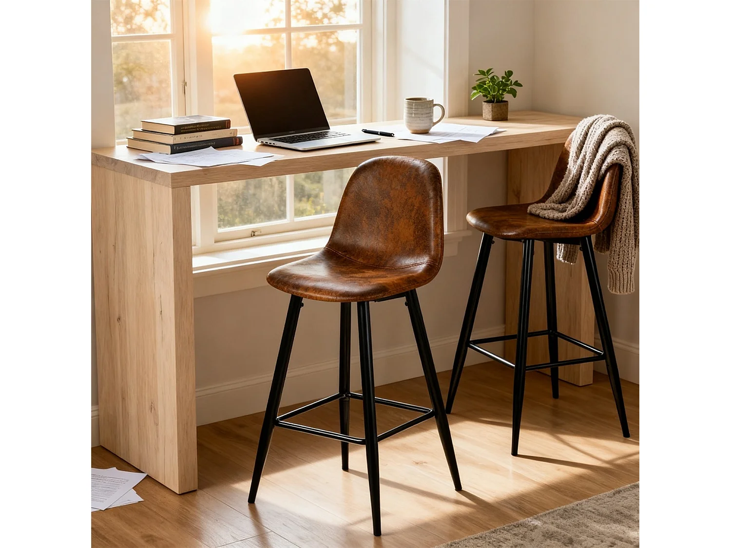 Lot de 2 Chaises de Bar Hautes - Siège en Tissu en Daim Marron, Pieds en Métal Noir - Style Vintage