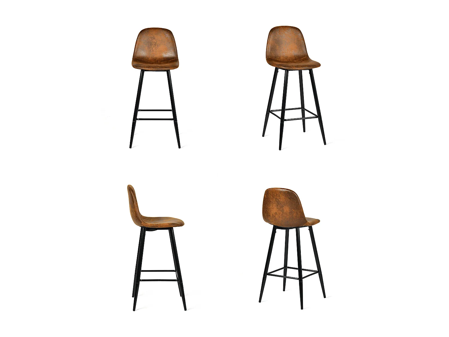 Lot de 2 Chaises de Bar Hautes - Siège en Tissu en Daim Marron, Pieds en Métal Noir - Style Vintage