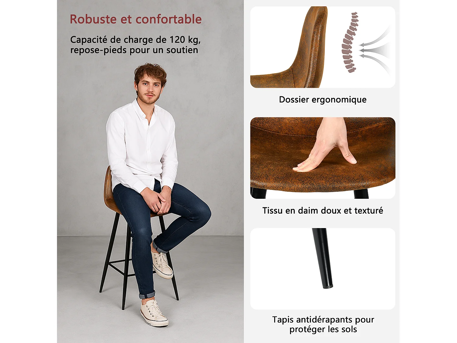 Lot de 2 Chaises de Bar Hautes - Siège en Tissu en Daim Marron, Pieds en Métal Noir - Style Vintage