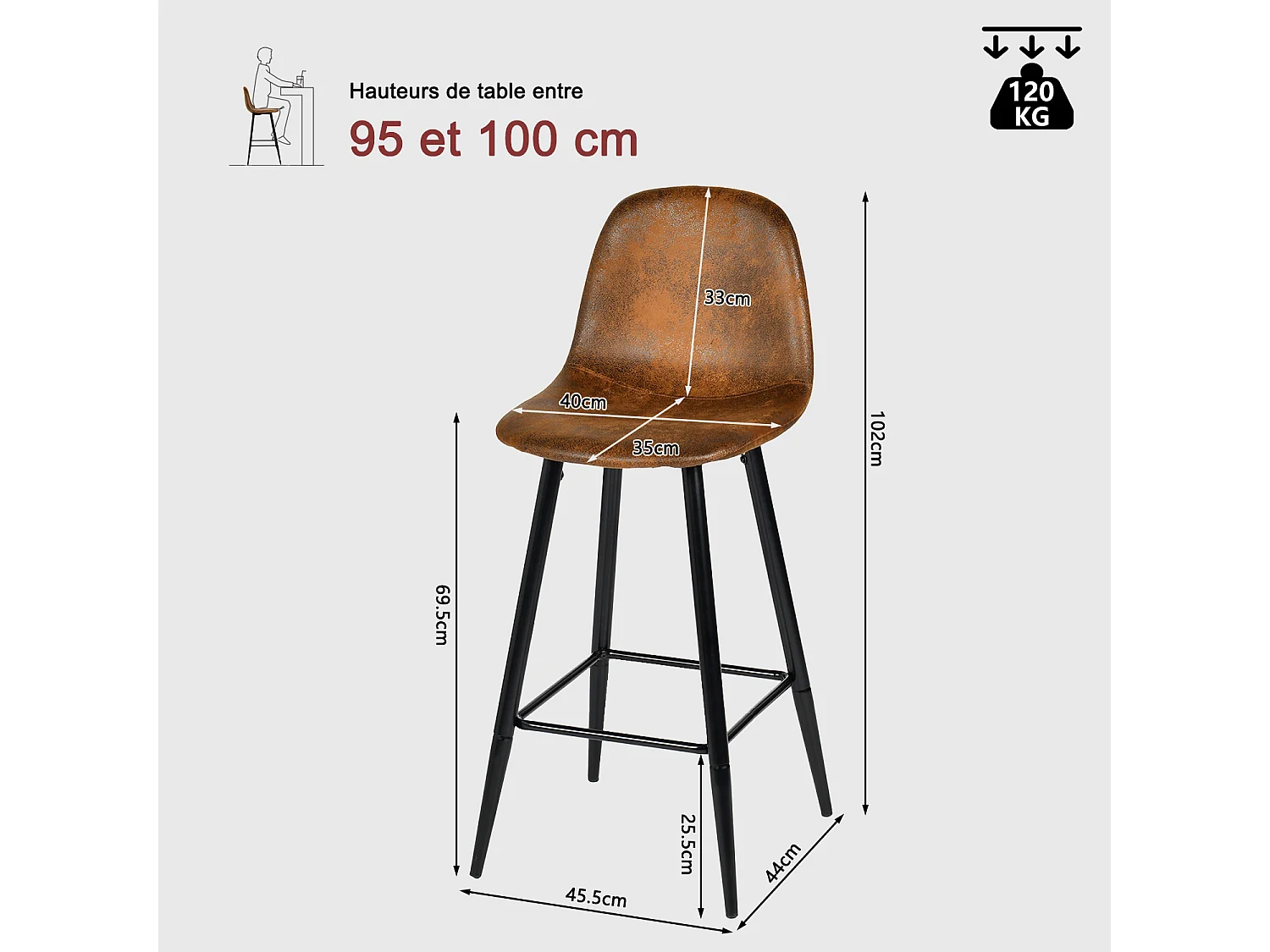Lot de 2 Chaises de Bar Hautes - Siège en Tissu en Daim Marron, Pieds en Métal Noir - Style Vintage