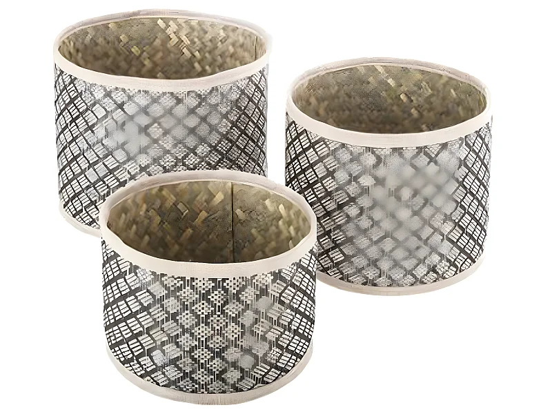 Set de 3 Paniers ronds en Osier motif ethnique Noir