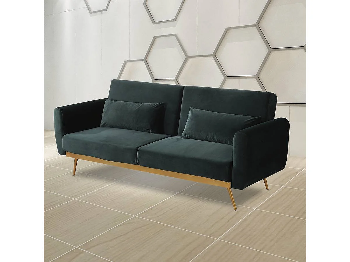 Sofá de veludo Clic Clac "Donia" - 203 x 81 x 83 cm - 3 lugares - Verde escuro