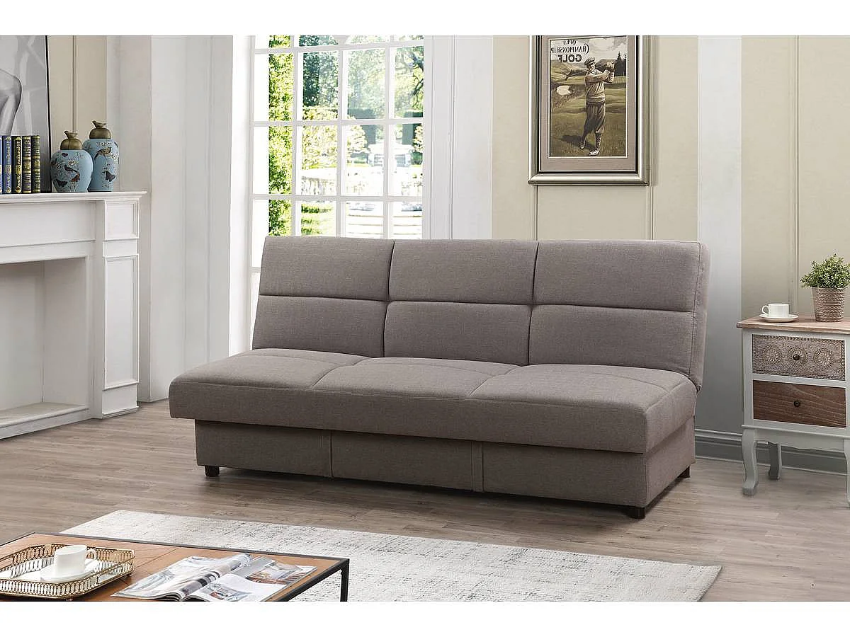 Canapé convertible clic-clac 3 places en tissu taupe ENZO 185x84x85 cm